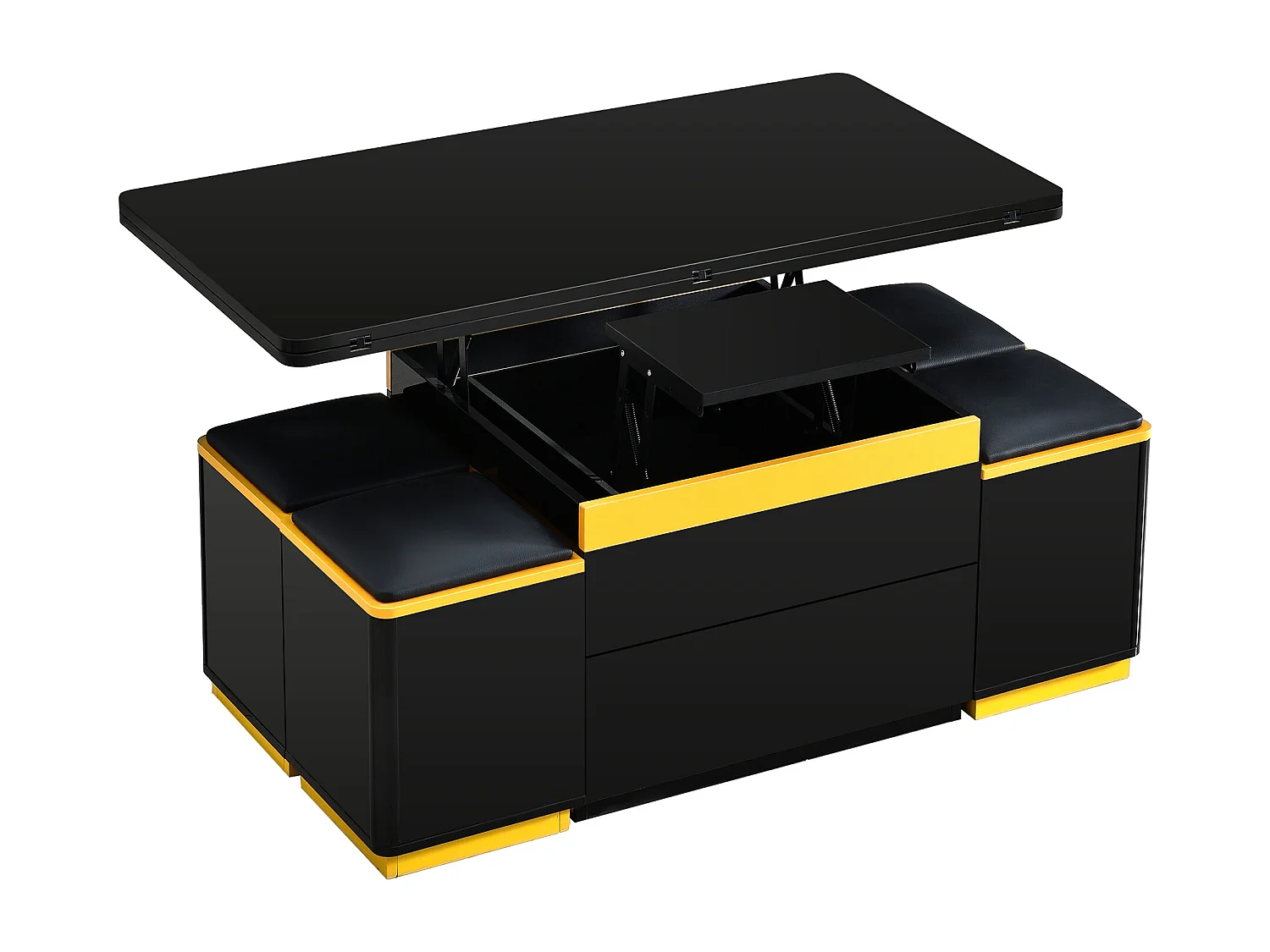Table basse relevable avec 2 tiroirs et 4 tabourets de rangement - Finition brillant - Noir et jaune