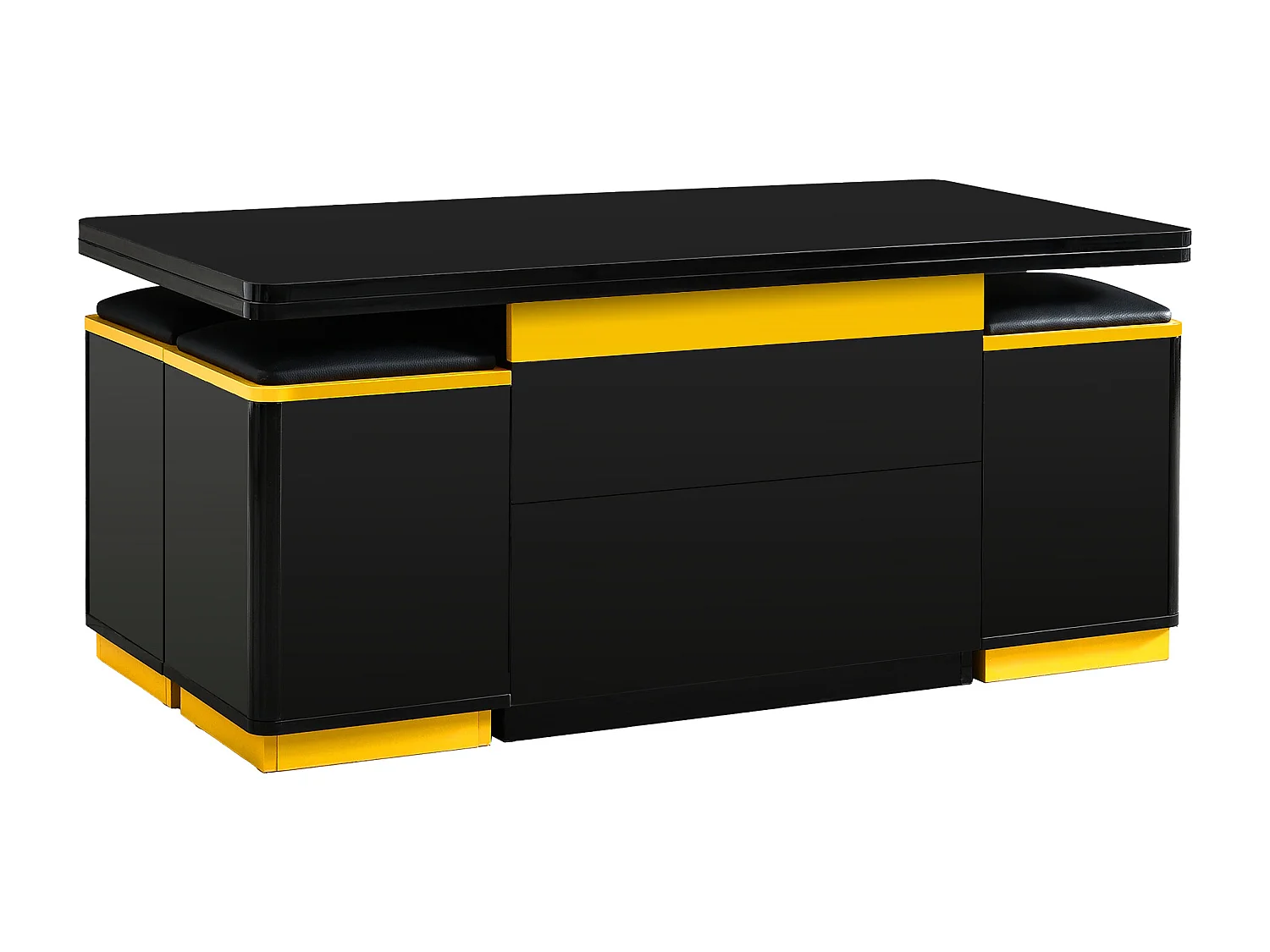 Table basse relevable avec 2 tiroirs et 4 tabourets de rangement - Finition brillant - Noir et jaune