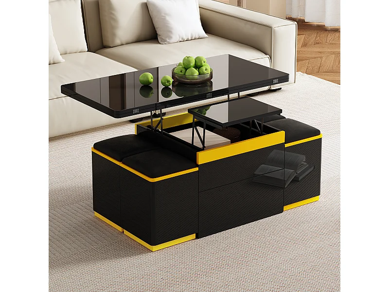 Table basse relevable avec 2 tiroirs et 4 tabourets de rangement - Finition brillant - Noir et jaune