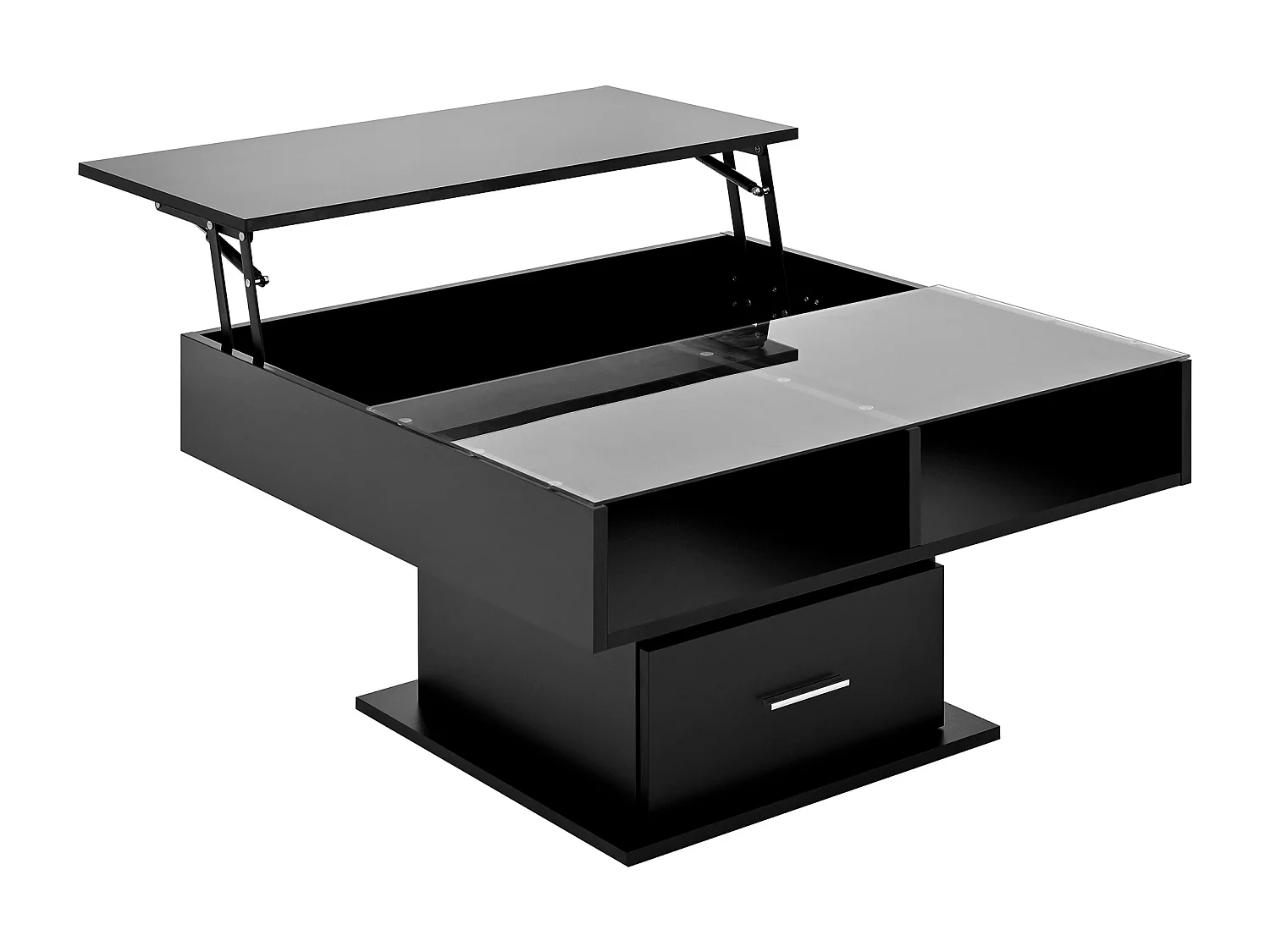 Tavolino con piano sollevabile, illuminazione a LED e cassetto - Finitura lucida - Nero