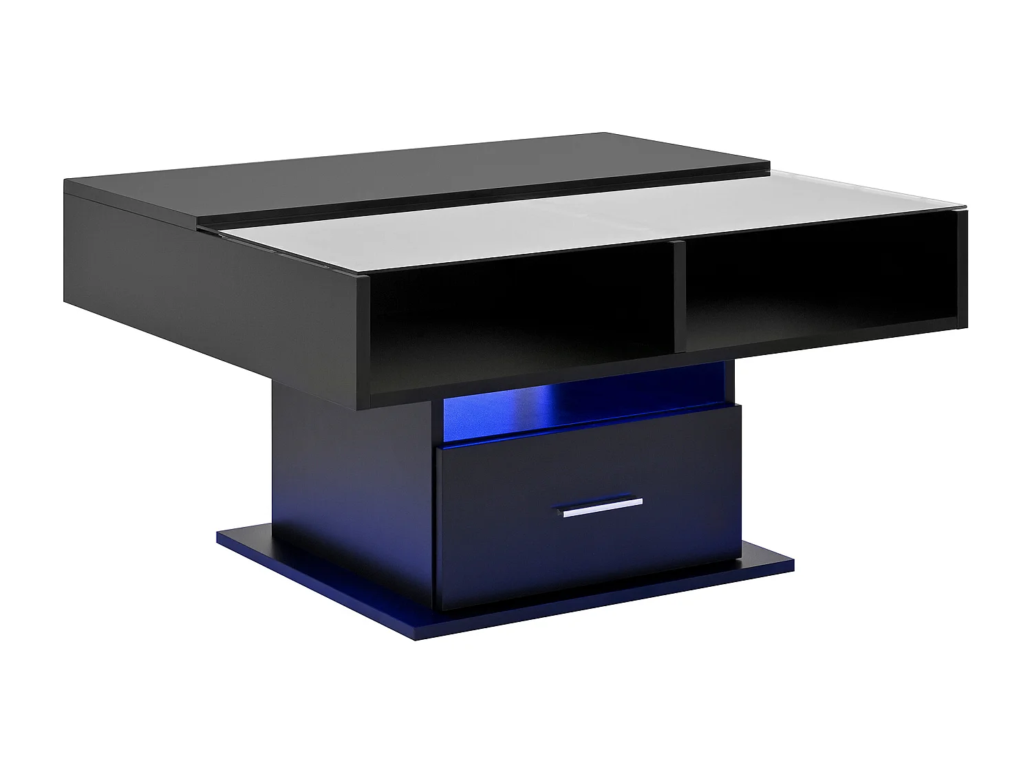 Tavolino con piano sollevabile, illuminazione a LED e cassetto - Finitura lucida - Nero