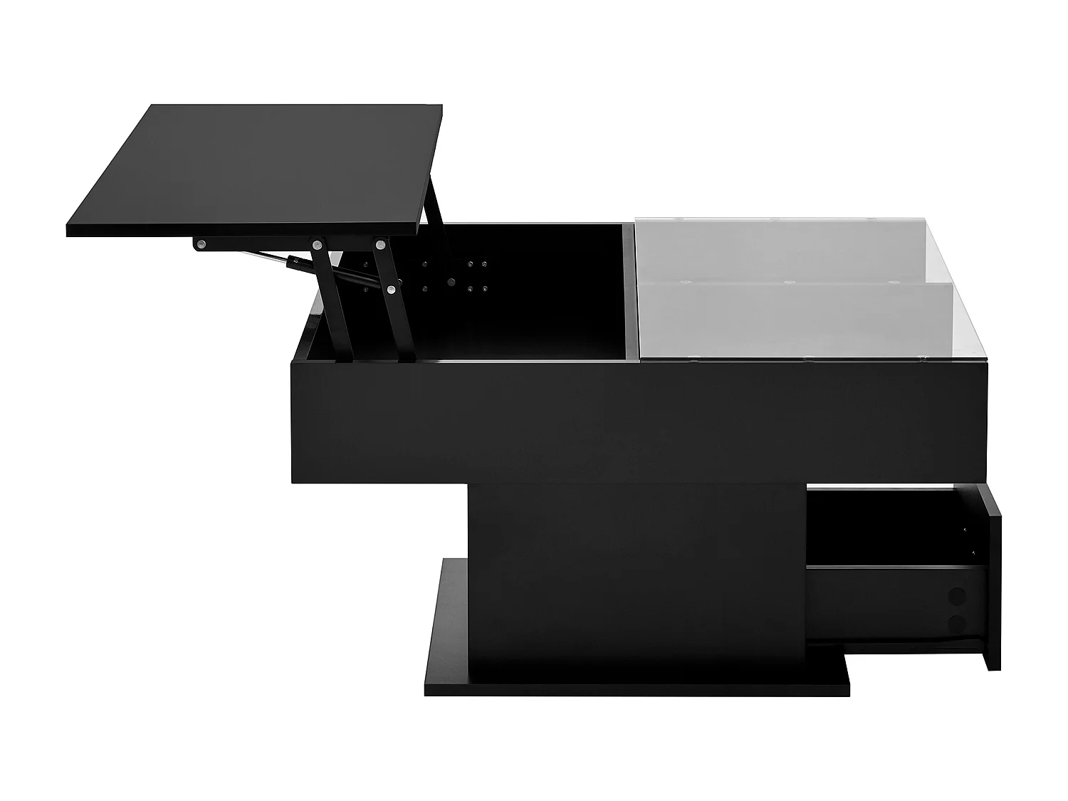 Tavolino con piano sollevabile, illuminazione a LED e cassetto - Finitura lucida - Nero