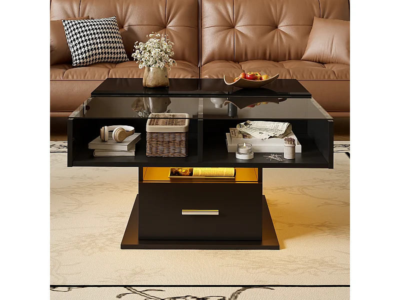 Tavolino con piano sollevabile, illuminazione a LED e cassetto - Finitura lucida - Nero