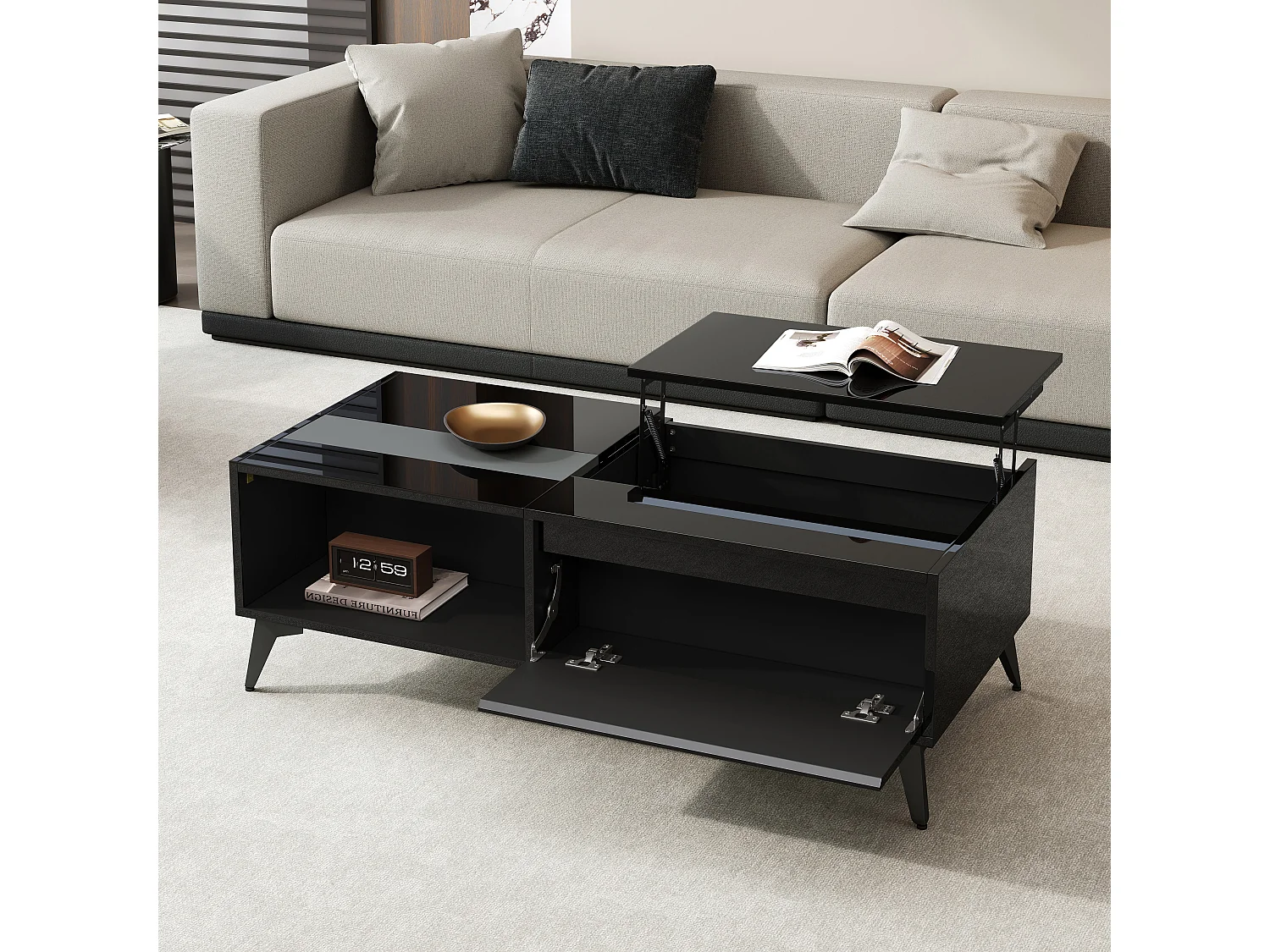 Table basse relevable noire brillante avec rangement - Bois en PB