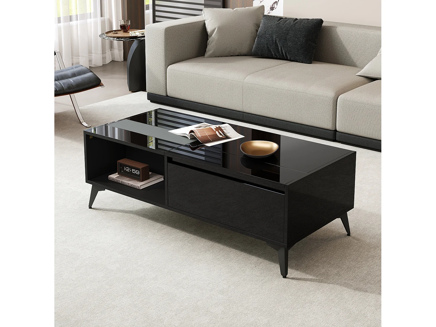 Table basse relevable noire brillante avec rangement - Bois en PB