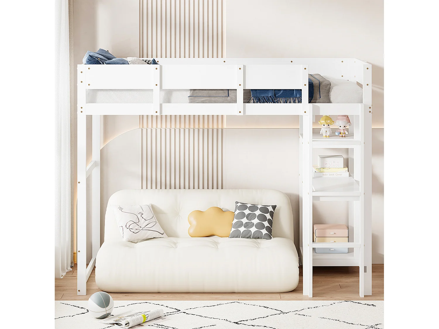 Lit mezzanine enfant 90 x 200 cm avec rangement et sommier à lattes- Cadre en bois pin et MDF- Blanc