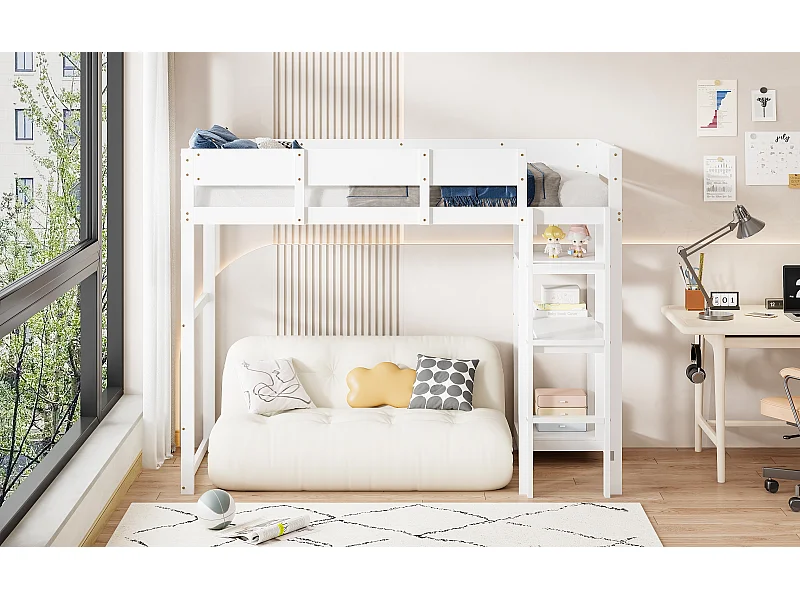 Lit mezzanine enfant 90 x 200 cm avec rangement et sommier à lattes- Cadre en bois pin et MDF- Blanc