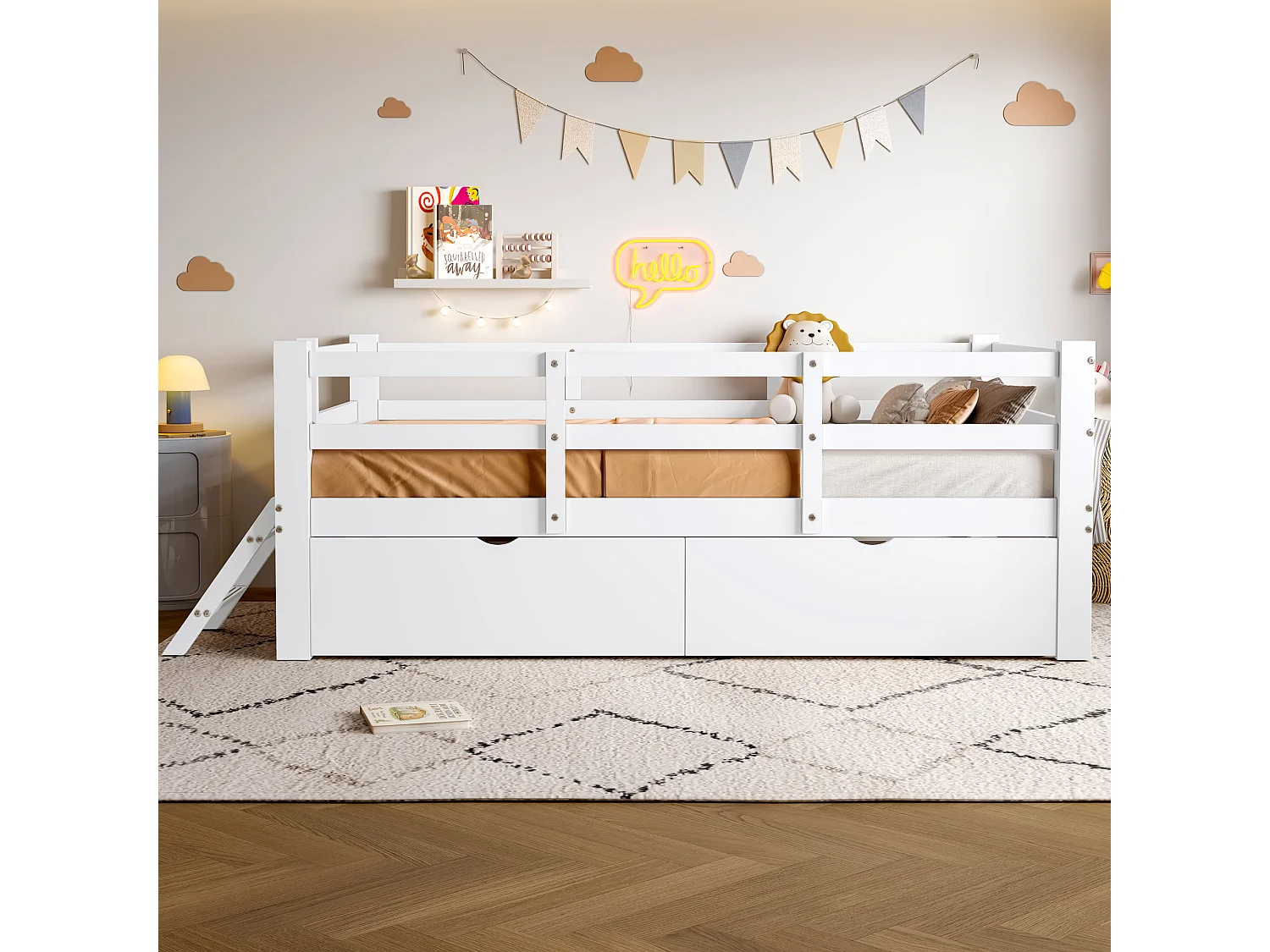 Lit mi-hauteur 90x200 cm avec barrière de sécurité et 2 tiroirs - Lit simple blanc en bois pin et MDF