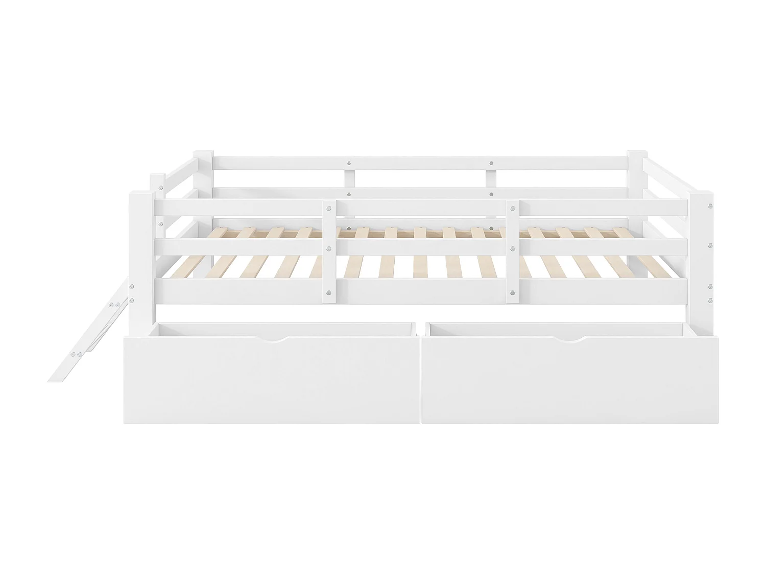 Lit mi-hauteur 90x200 cm avec barrière de sécurité et 2 tiroirs - Lit simple blanc en bois pin et MDF