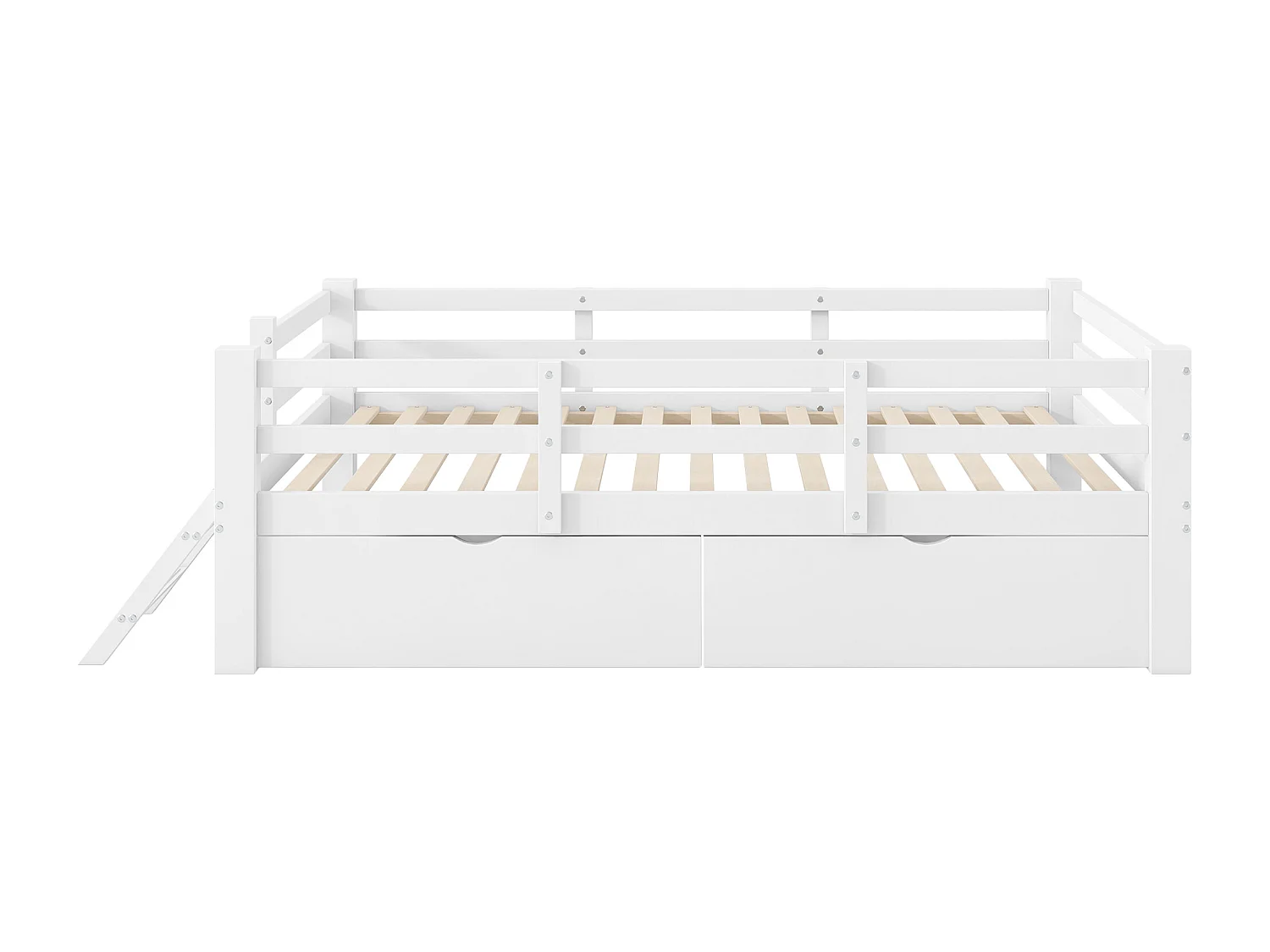 Lit mi-hauteur 90x200 cm avec barrière de sécurité et 2 tiroirs - Lit simple blanc en bois pin et MDF