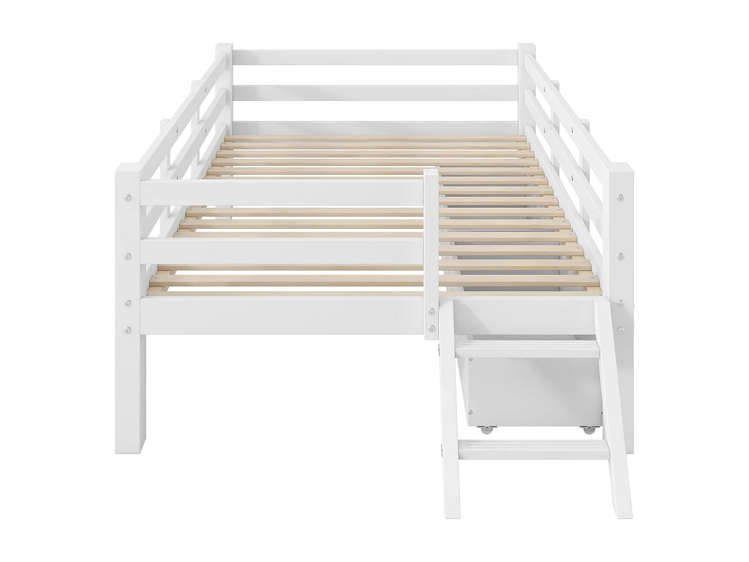 Lit mi-hauteur 90x200 cm avec barrière de sécurité et 2 tiroirs - Lit simple blanc en bois pin et MDF