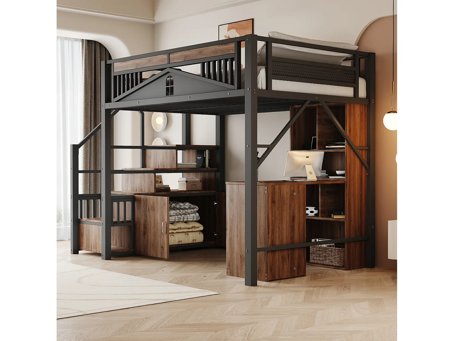 Kinderhoogslaper 140 x 200 cm met opbergladder en veiligheidshekje - Zwart metalen en houten bed