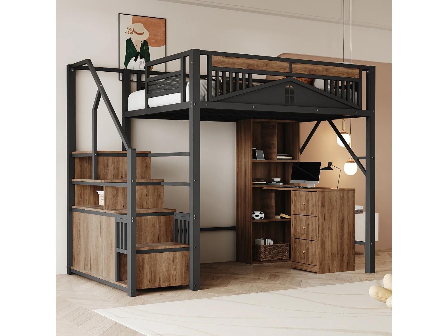 Kinderhoogslaper 140 x 200 cm met opbergladder en veiligheidshekje - Zwart metalen en houten bed