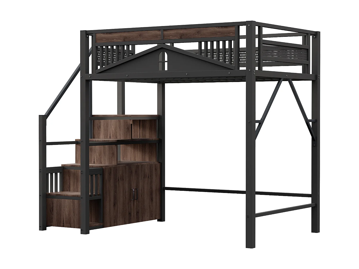 Kinderhoogslaper 140 x 200 cm met opbergladder en veiligheidshekje - Zwart metalen en houten bed