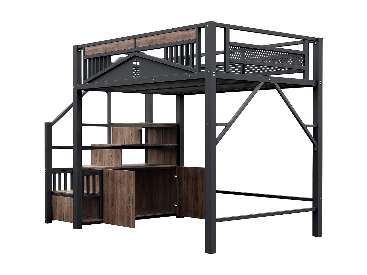 Kinderhoogslaper 140 x 200 cm met opbergladder en veiligheidshekje - Zwart metalen en houten bed