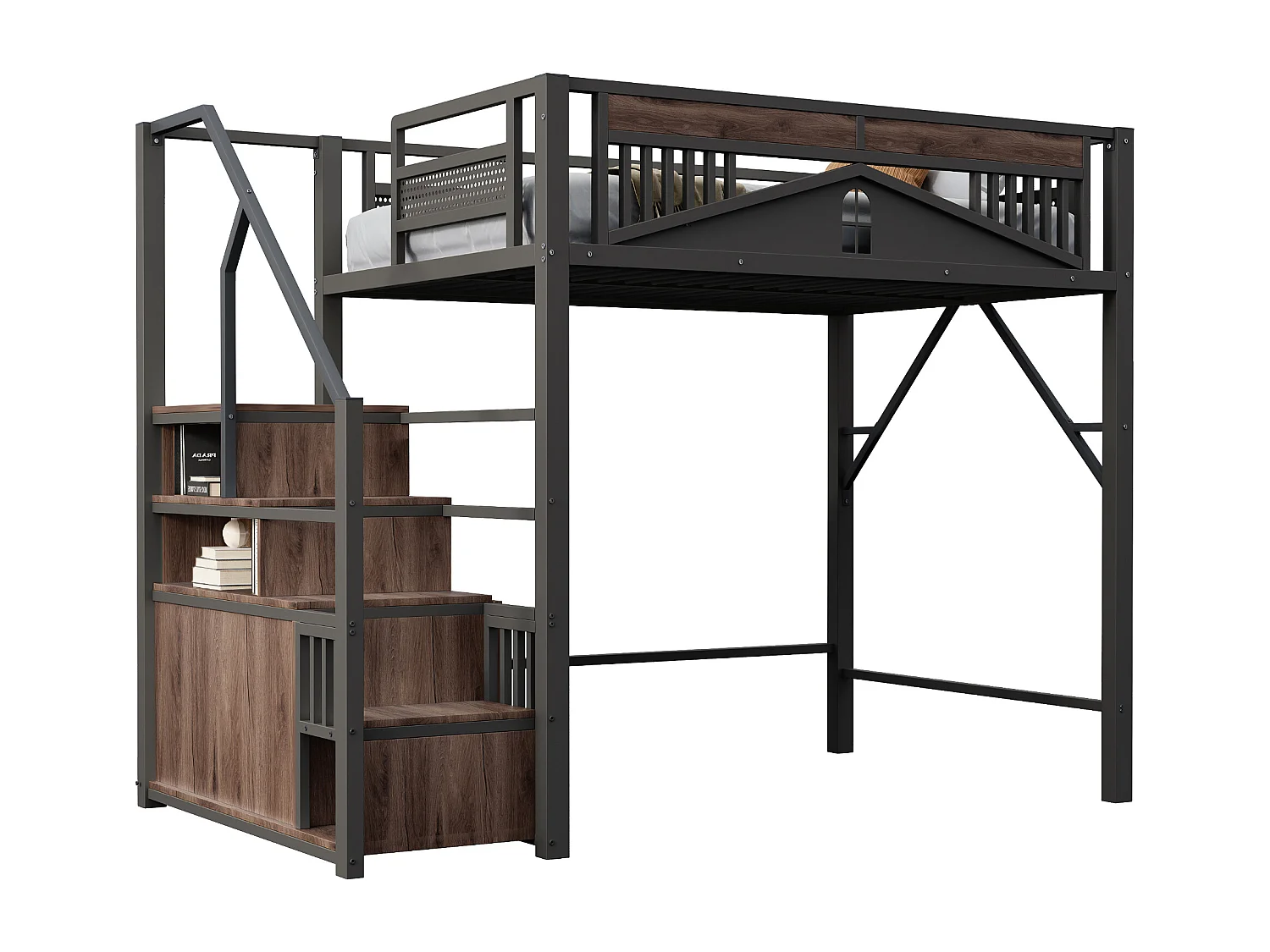 Kinderhoogslaper 140 x 200 cm met opbergladder en veiligheidshekje - Zwart metalen en houten bed