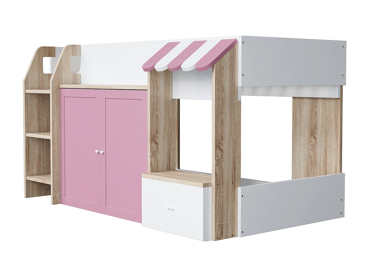 Lit mi-hauteur 90x200 cm avec rangement - Lit enfant cabane en bois - Couleur rose et bois