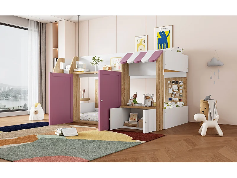 Lit mi-hauteur 90x200 cm avec rangement - Lit enfant cabane en bois - Couleur rose et bois