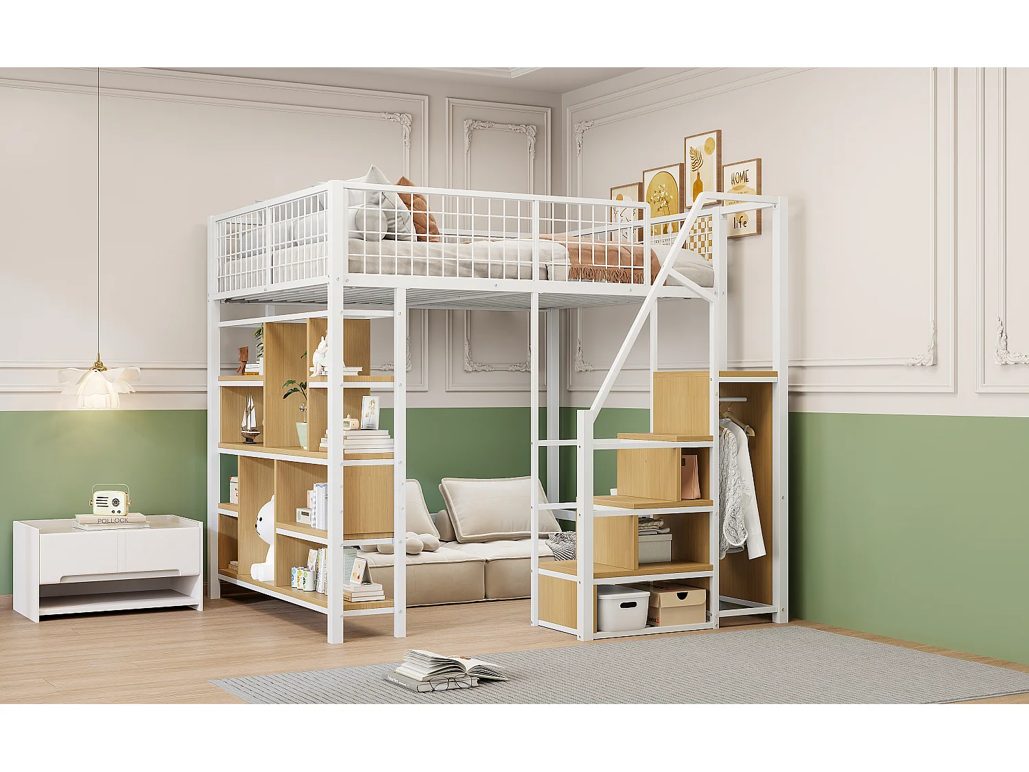 Lit mezzanine 140x200cm avec rangement et tringle à vêtement - Lit enfant en MDF et métal - Blanc et naturel clair