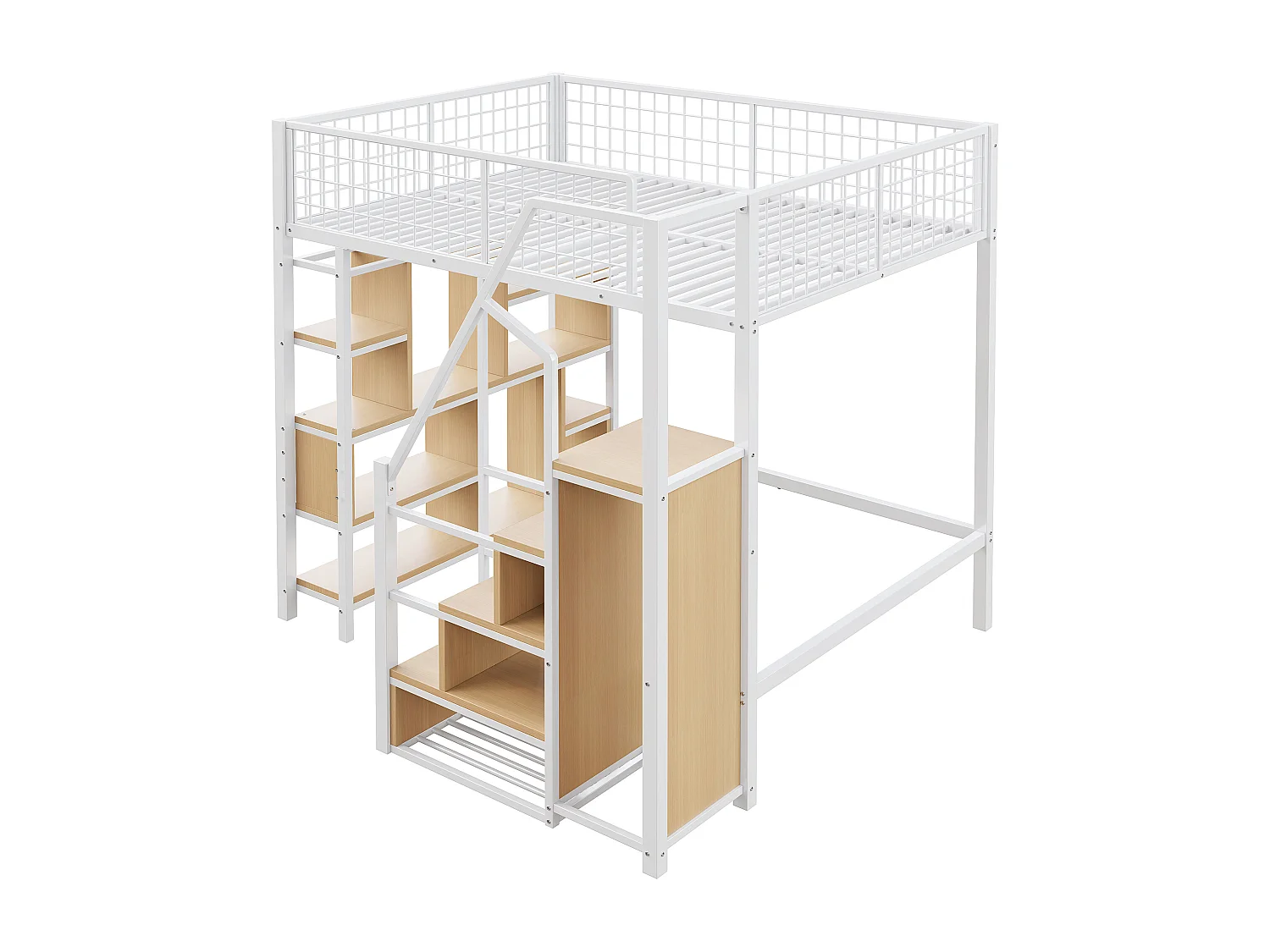 Lit mezzanine 140x200cm avec rangement et tringle à vêtement - Lit enfant en MDF et métal - Blanc et naturel clair
