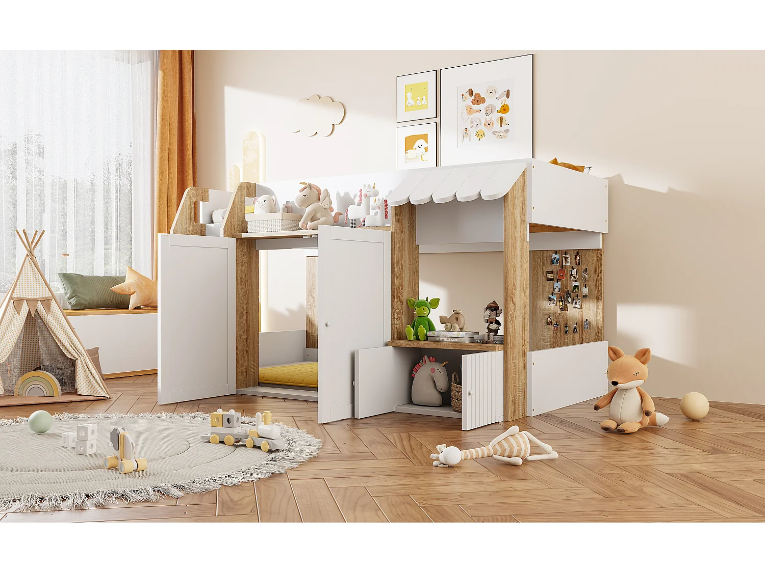 Lit mi-hauteur 90x200 cm avec rangement - Lit enfant cabane en bois - Couleur blanc et bois