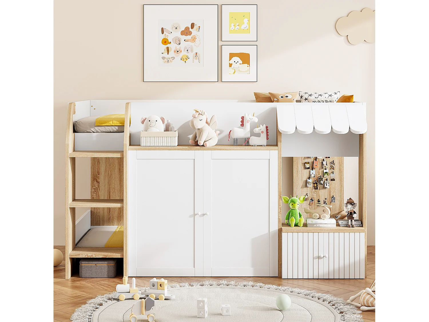 Lit mi-hauteur 90x200 cm avec rangement - Lit enfant cabane en bois - Couleur blanc et bois