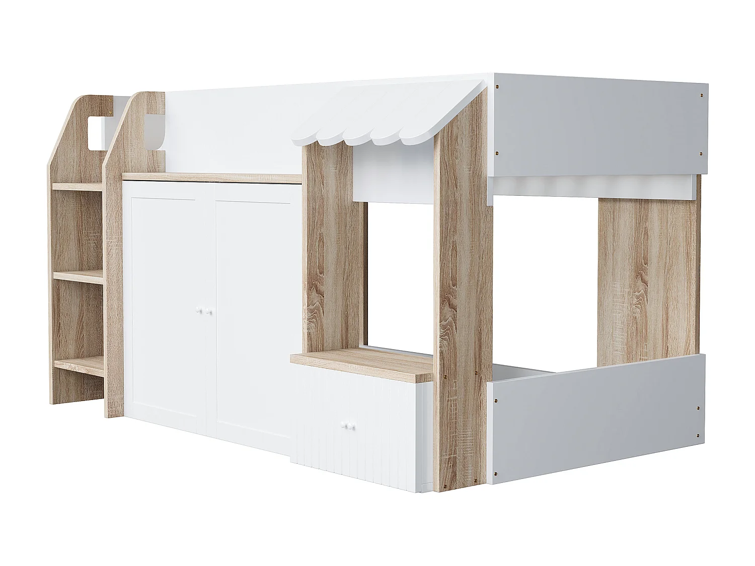 Lit mi-hauteur 90x200 cm avec rangement - Lit enfant cabane en bois - Couleur blanc et bois