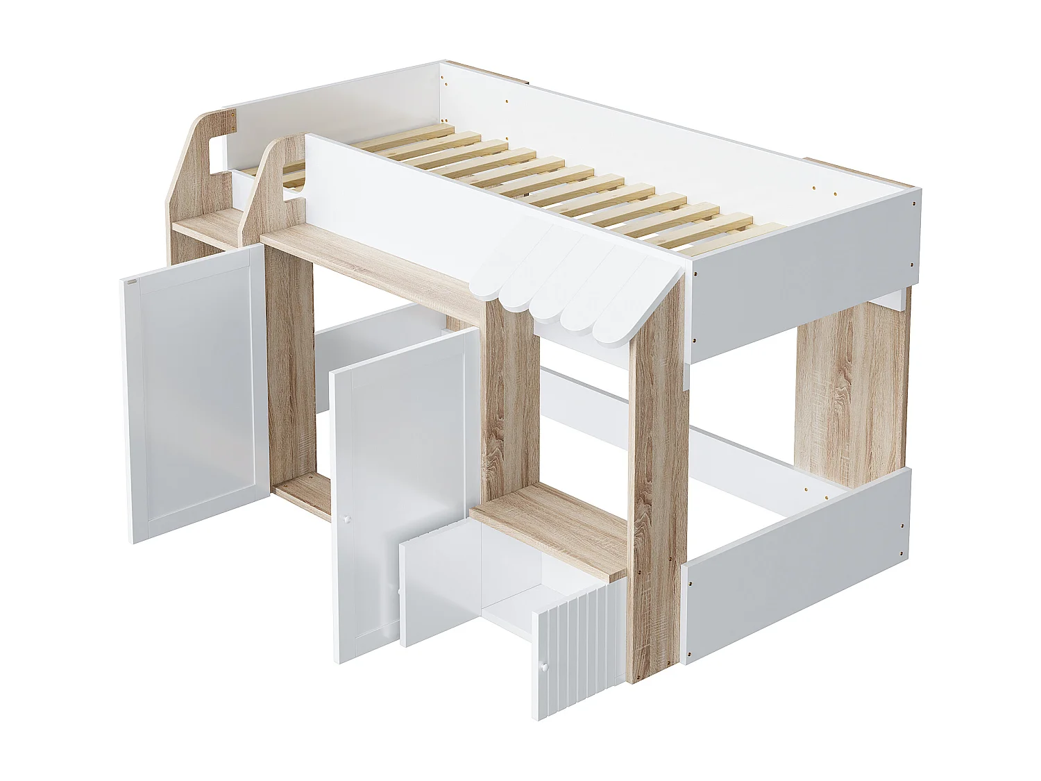 Lit mi-hauteur 90x200 cm avec rangement - Lit enfant cabane en bois - Couleur blanc et bois