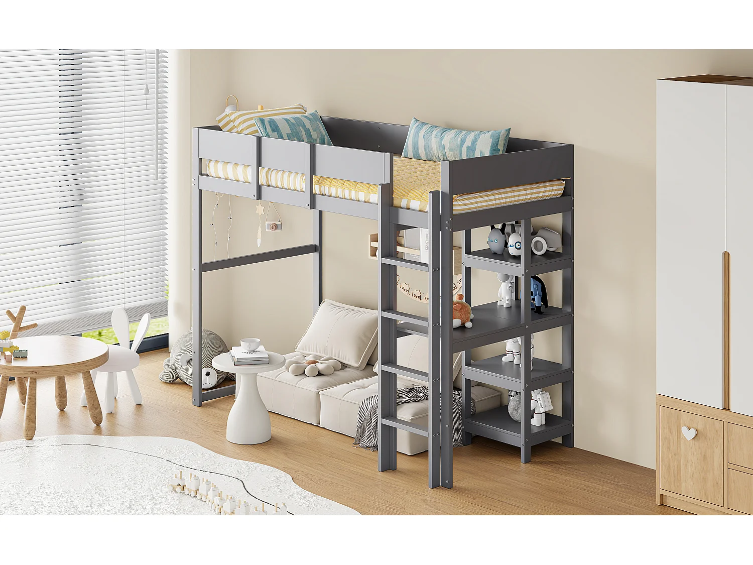 Lit mezzanine enfant 90 x 200 cm avec rangement et sommier à lattes- Cadre en bois pin et MDF- Gris