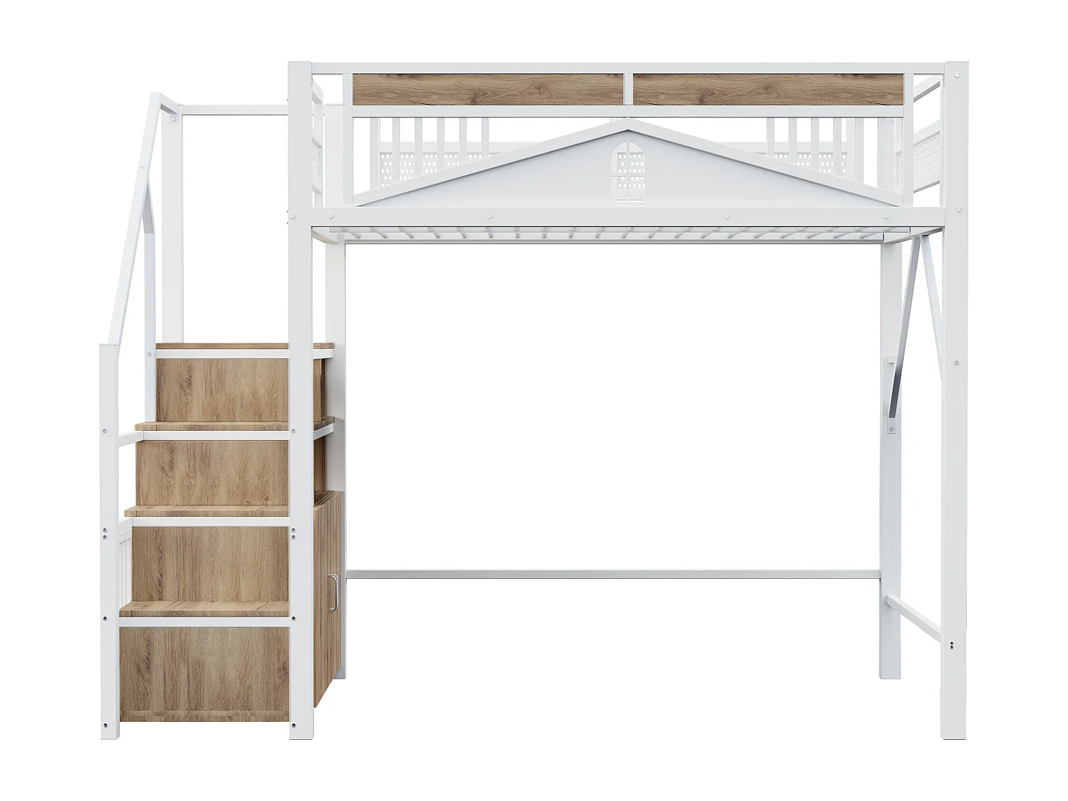Lit mezzanine enfant 140 x 200 cm avec escalier de rangement et rambarde de sécurité - Lit blanc en métal et bois