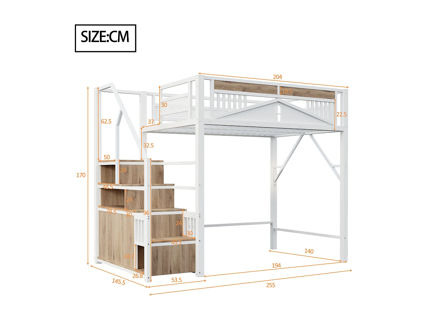 Lit mezzanine enfant 140 x 200 cm avec escalier de rangement et rambarde de sécurité - Lit blanc en métal et bois