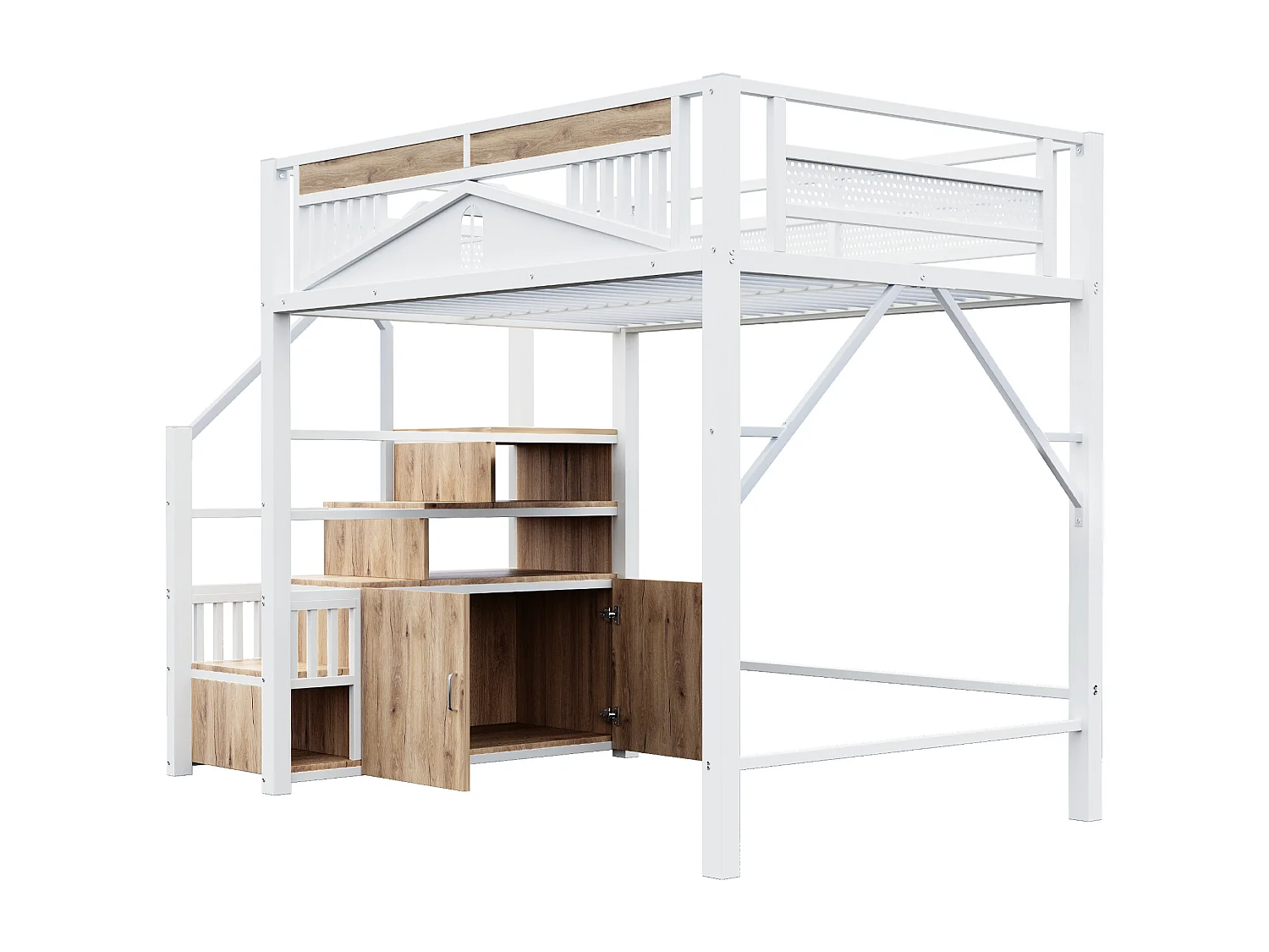 Lit mezzanine enfant 140 x 200 cm avec escalier de rangement et rambarde de sécurité - Lit blanc en métal et bois