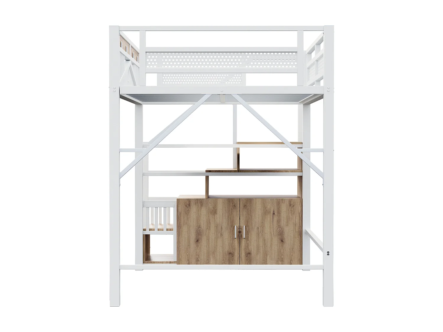 Lit mezzanine enfant 140 x 200 cm avec escalier de rangement et rambarde de sécurité - Lit blanc en métal et bois