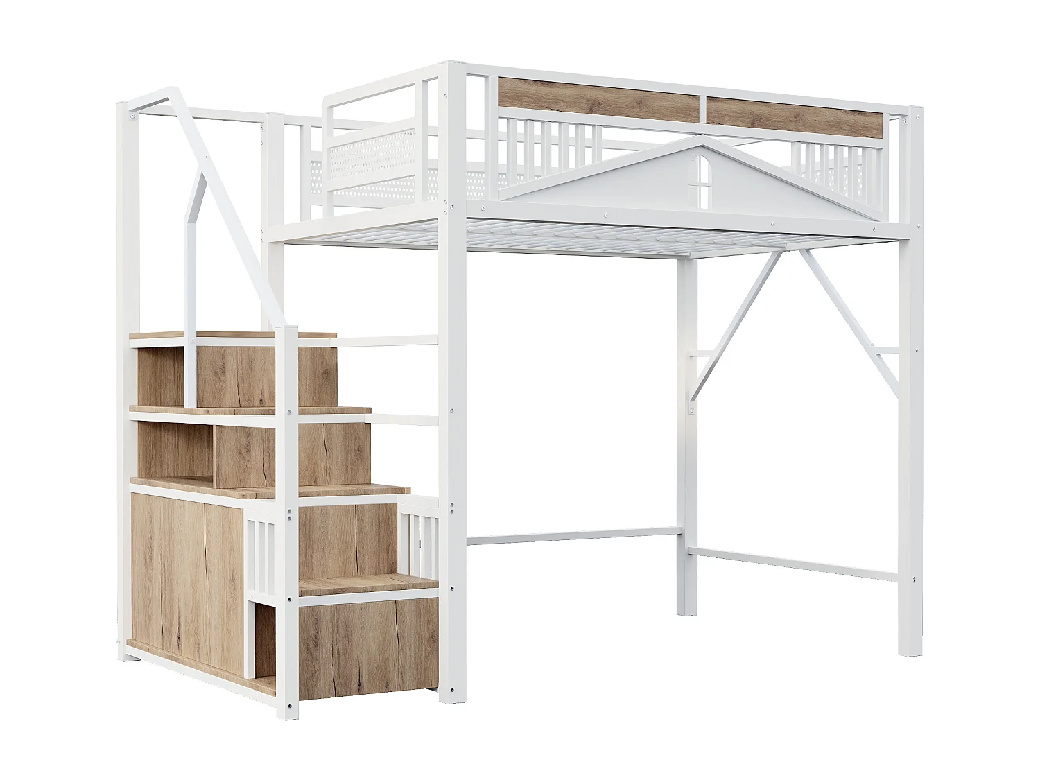 Lit mezzanine enfant 140 x 200 cm avec escalier de rangement et rambarde de sécurité - Lit blanc en métal et bois