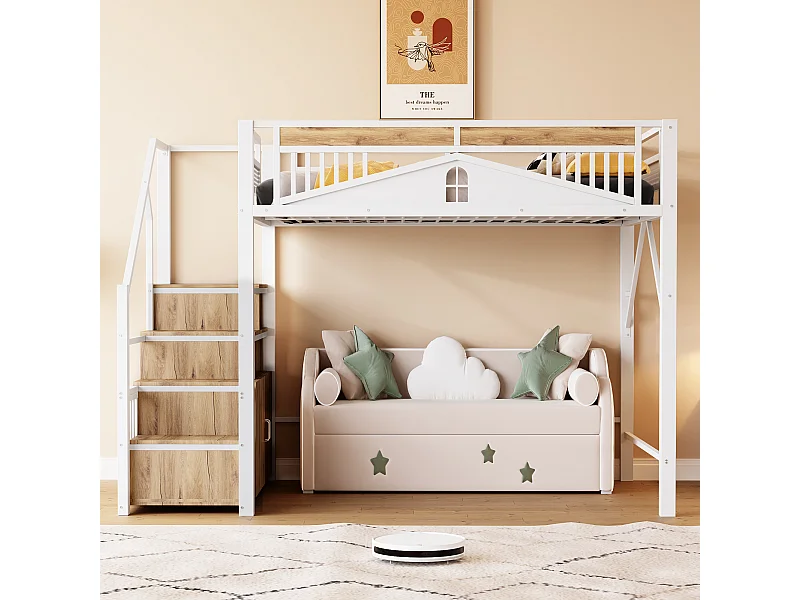 Lit mezzanine enfant 140 x 200 cm avec escalier de rangement et rambarde de sécurité - Lit blanc en métal et bois