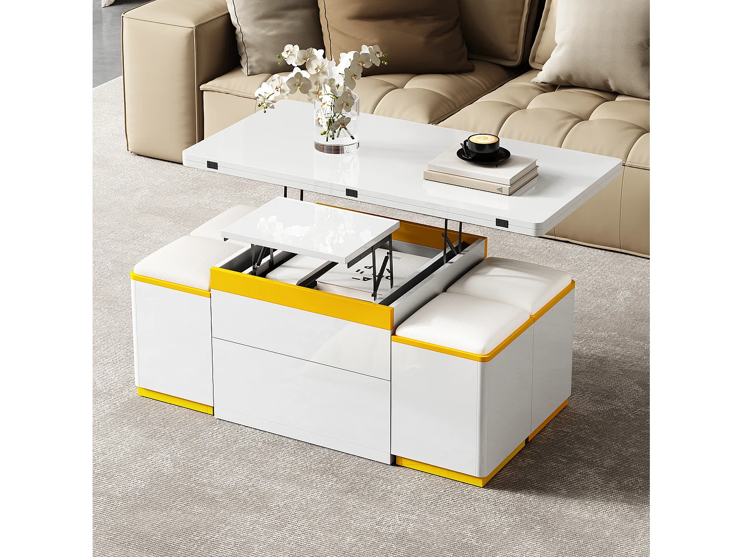 Table basse relevable avec 2 tiroirs et 4 tabourets de rangement - Finition brillant - Blanc et jaune