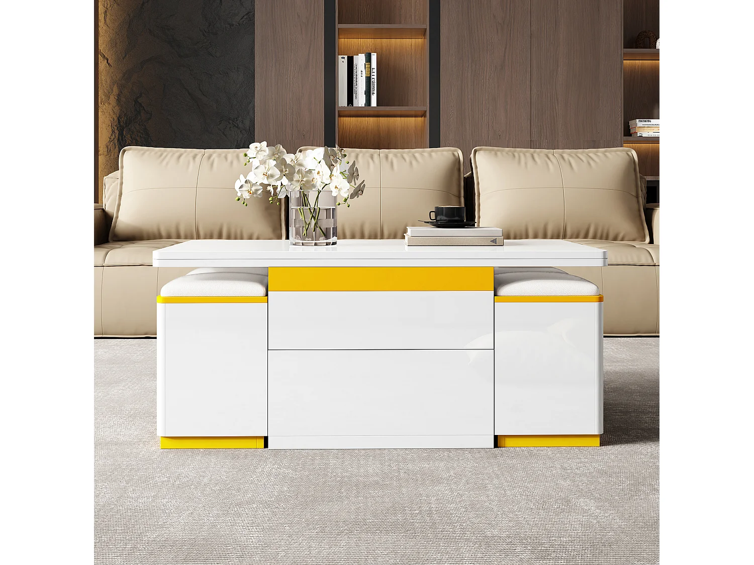 Table basse relevable avec 2 tiroirs et 4 tabourets de rangement - Finition brillant - Blanc et jaune