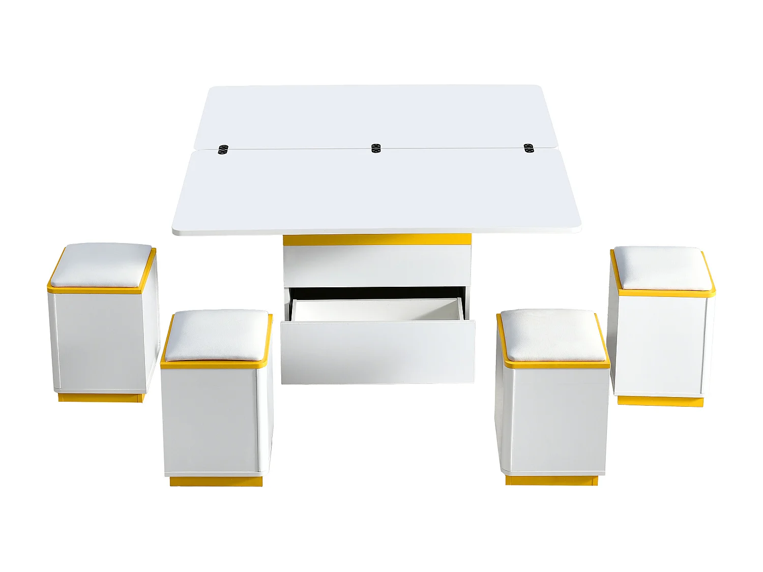 Table basse relevable avec 2 tiroirs et 4 tabourets de rangement - Finition brillant - Blanc et jaune