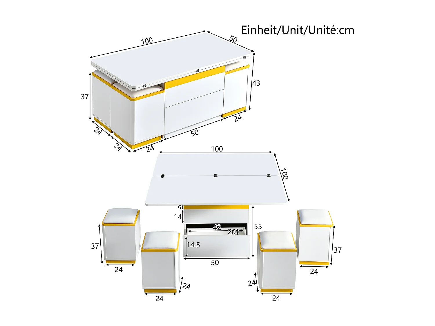 Table basse relevable avec 2 tiroirs et 4 tabourets de rangement - Finition brillant - Blanc et jaune