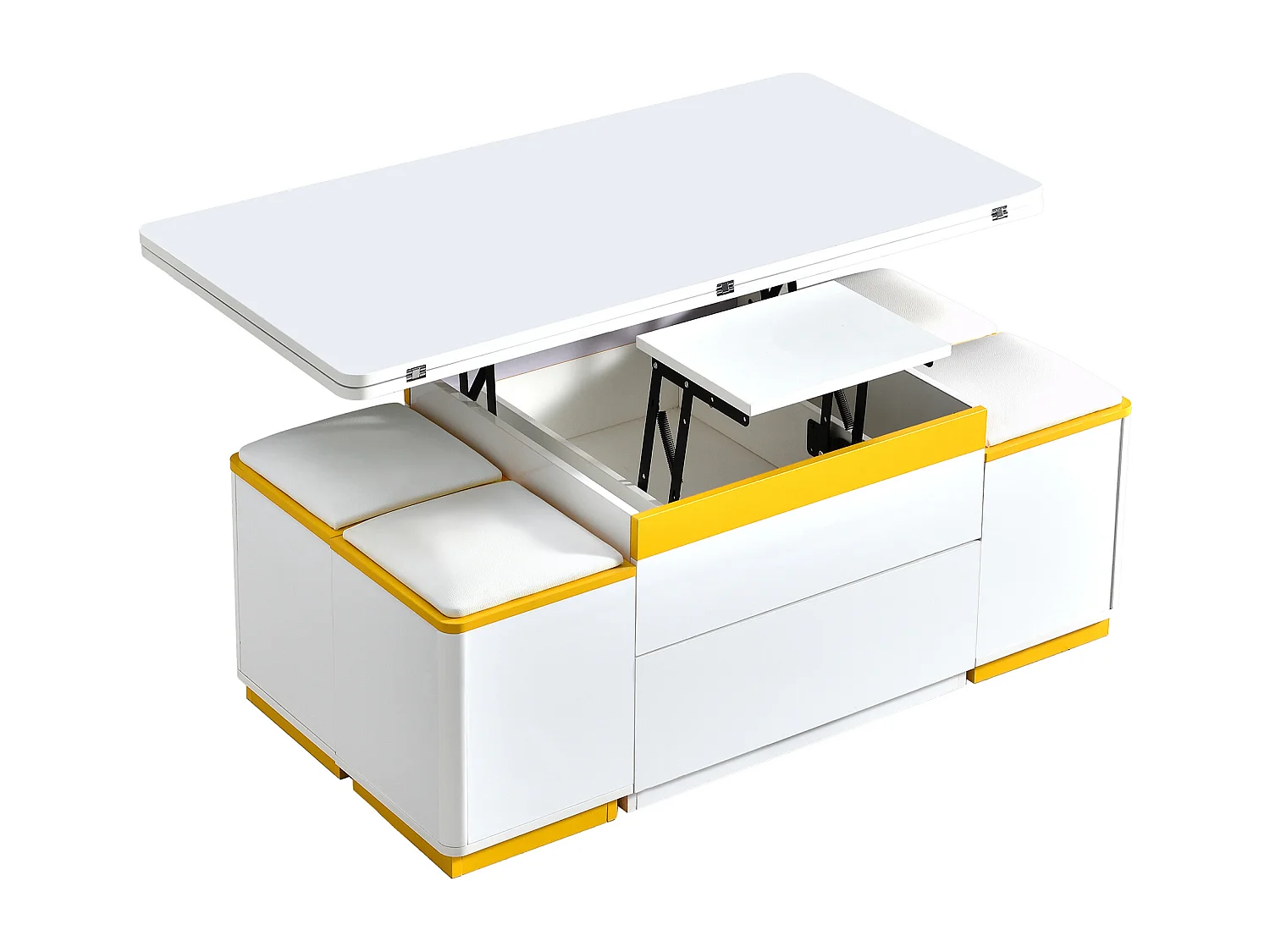 Table basse relevable avec 2 tiroirs et 4 tabourets de rangement - Finition brillant - Blanc et jaune