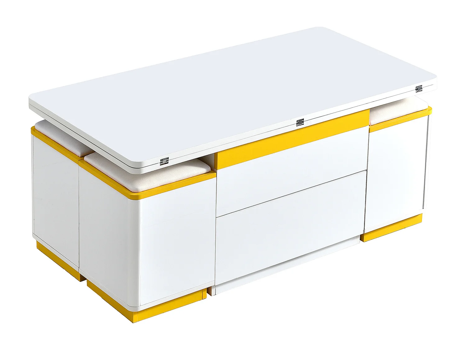 Table basse relevable avec 2 tiroirs et 4 tabourets de rangement - Finition brillant - Blanc et jaune