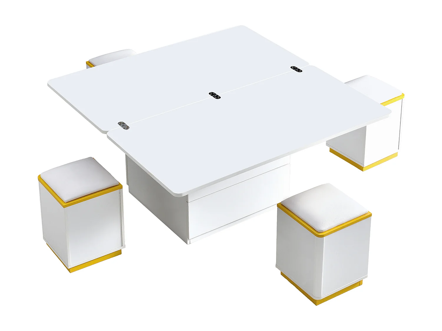 Table basse relevable avec 2 tiroirs et 4 tabourets de rangement - Finition brillant - Blanc et jaune