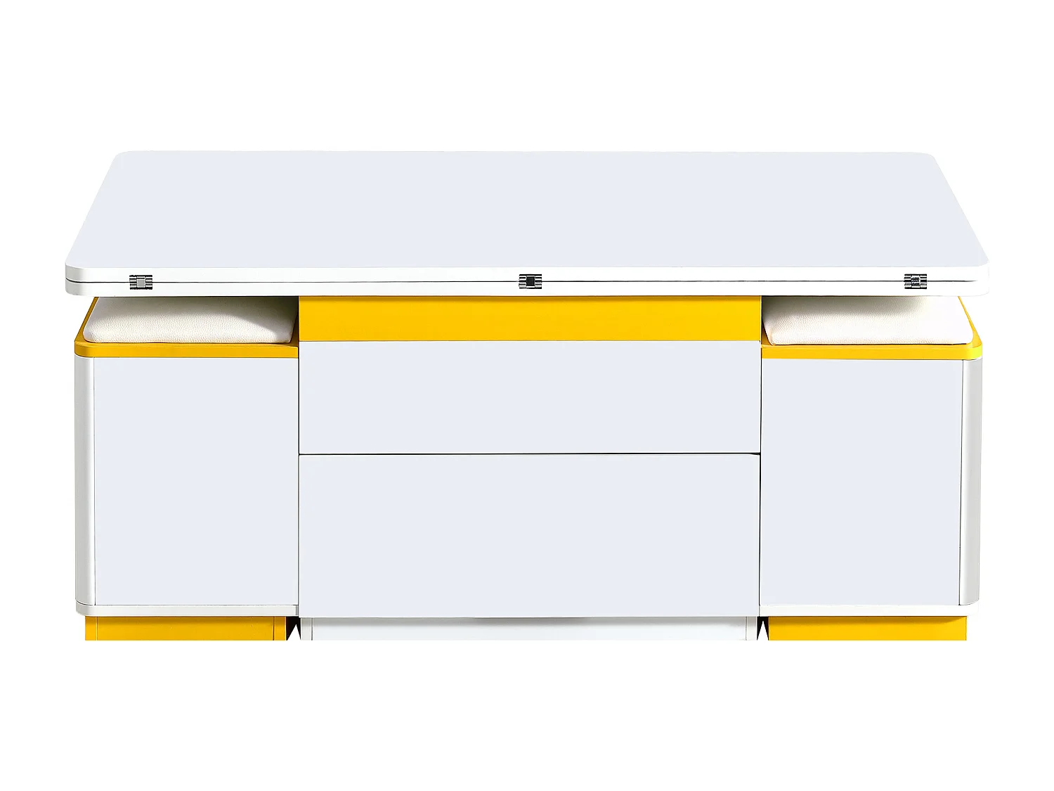 Table basse relevable avec 2 tiroirs et 4 tabourets de rangement - Finition brillant - Blanc et jaune