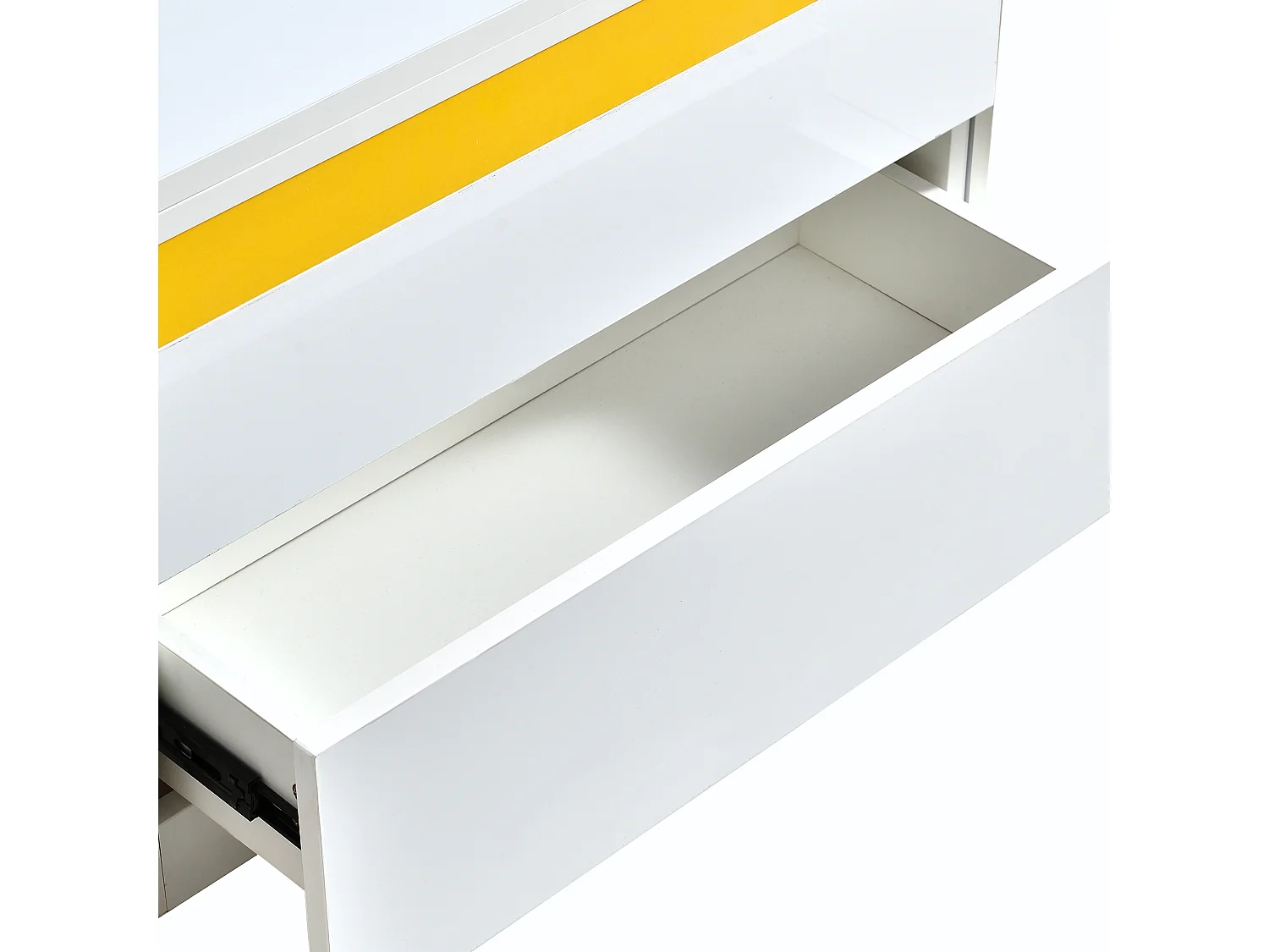 Table basse relevable avec 2 tiroirs et 4 tabourets de rangement - Finition brillant - Blanc et jaune