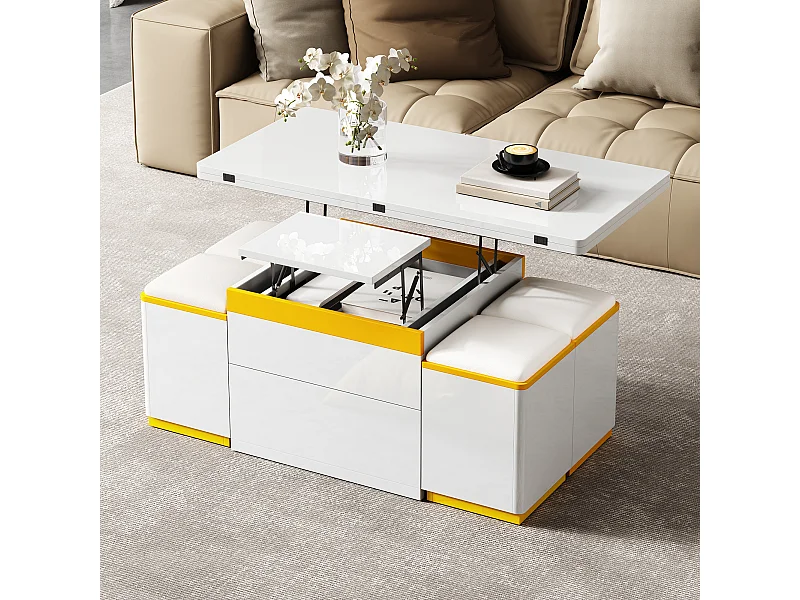 Table basse relevable avec 2 tiroirs et 4 tabourets de rangement - Finition brillant - Blanc et jaune