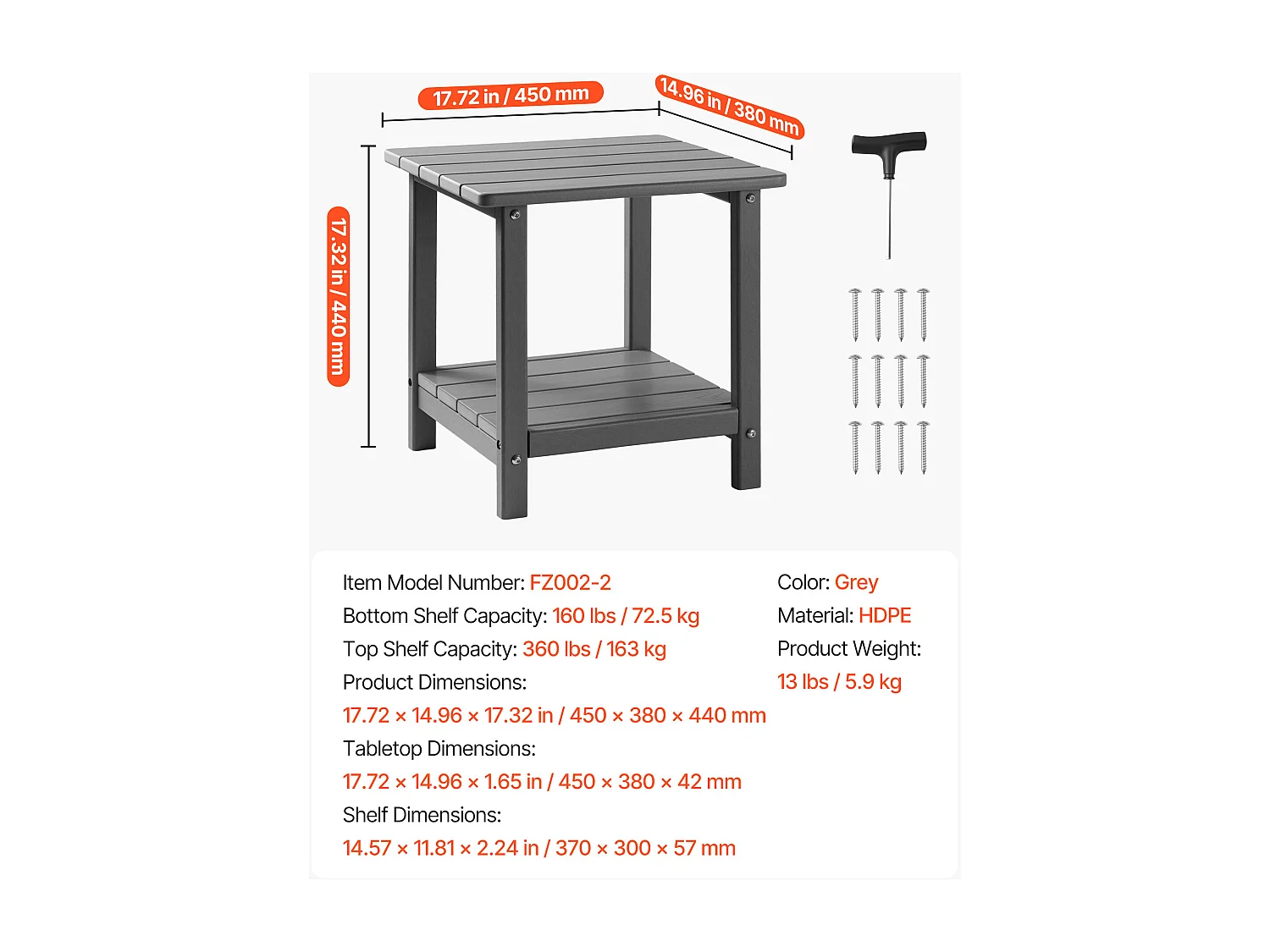 Table d’Appoint SucceBuy Extérieur Jardin, 2 Niveaux, 45 x 38 x 44 cm, en PEHD, Entretien Facile, Résiste aux Intempéries, pour Terrasse, Bord de Piscine, Gris