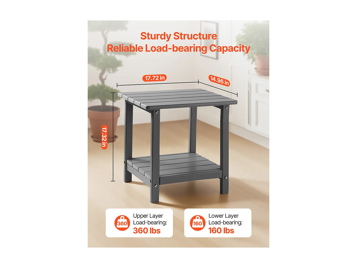 Table d’Appoint SucceBuy Extérieur Jardin, 2 Niveaux, 45 x 38 x 44 cm, en PEHD, Entretien Facile, Résiste aux Intempéries, pour Terrasse, Bord de Piscine, Gris