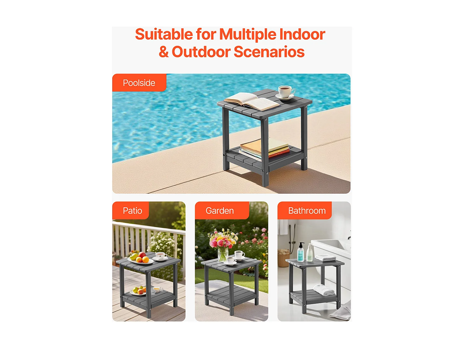 Table d’Appoint SucceBuy Extérieur Jardin, 2 Niveaux, 45 x 38 x 44 cm, en PEHD, Entretien Facile, Résiste aux Intempéries, pour Terrasse, Bord de Piscine, Gris