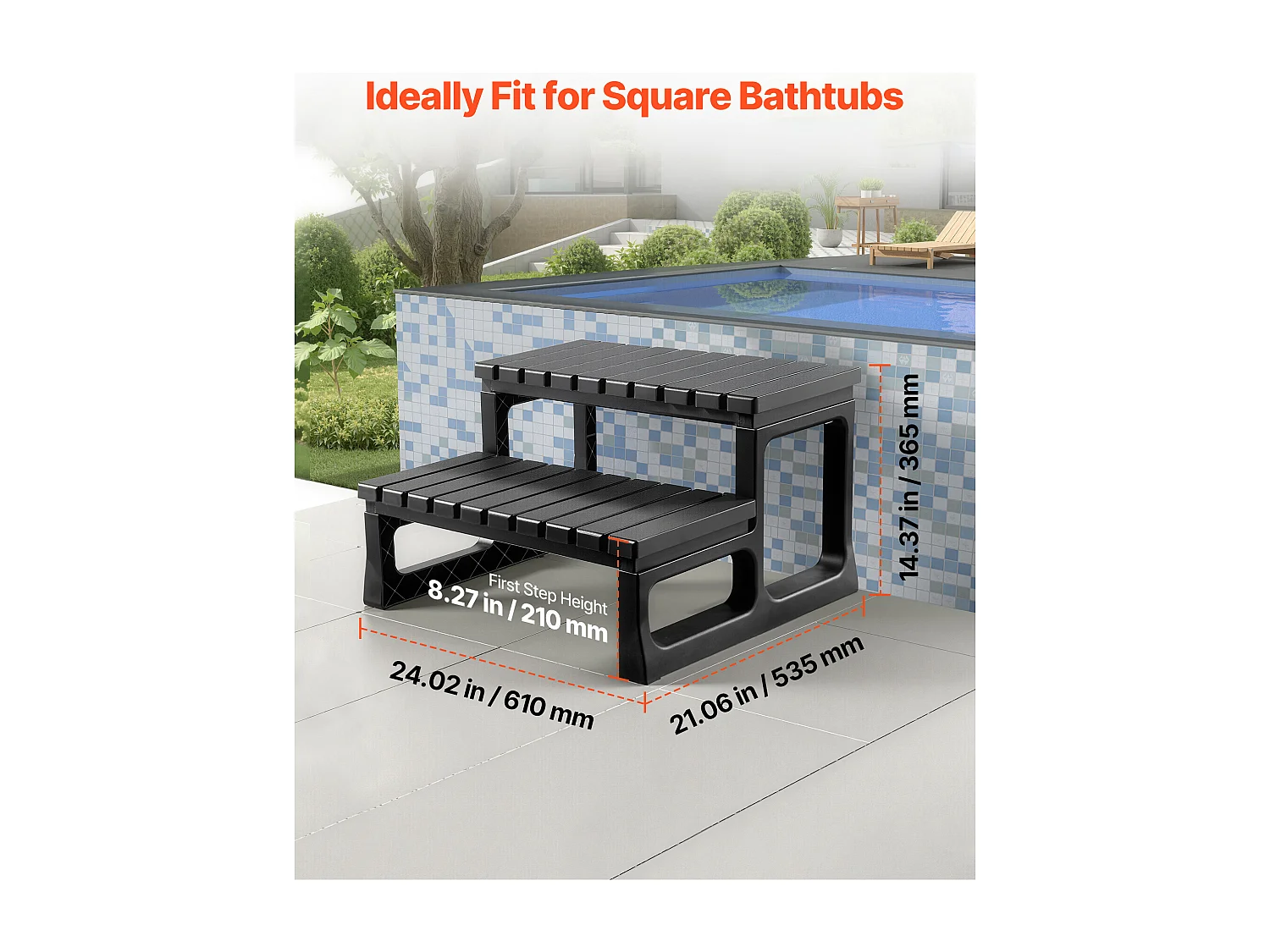Spa Trap SucceBuy met 2 Treden, Robuuste Opblaasbare Poortrede uit PP 61cm Breed, Draagvermogen van 145,15 kg, Antislip Treden, Buiten Trap