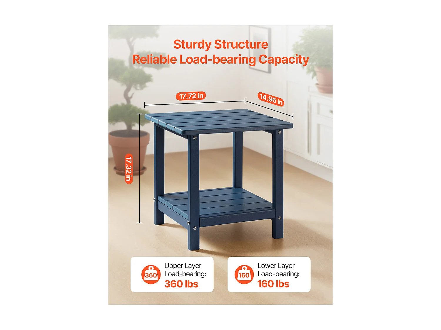 Bijzettafel Buiten Tuin SucceBuy, 2 Niveaus, 45 x 38 x 44 cm, van PEHD, Onderhoudsgemakkelijk, Weerbestendig, voor Terras, Zwembadrand, Blauw